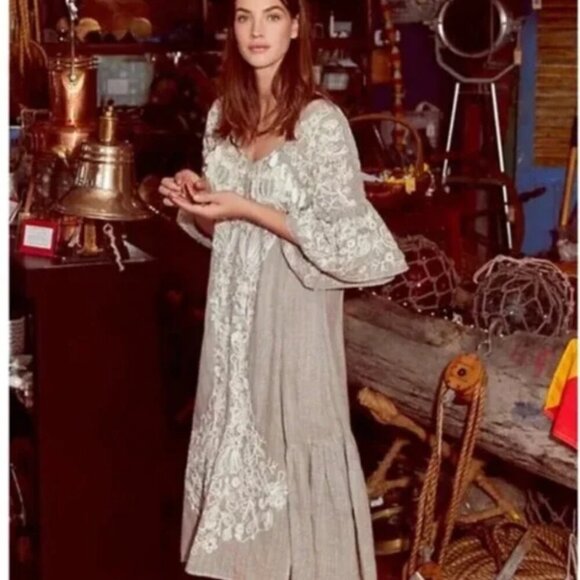 Anthropologie Maeve Tisdale Embroidered Tassel Midi Dress Women 6 Oversized Gray - Picture 4 of 16